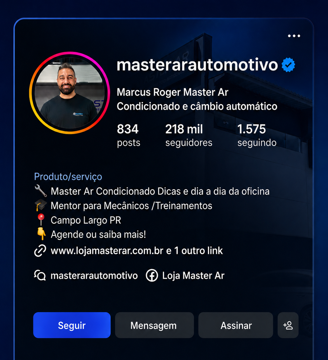 Perfil do Instagram masterarautomotivo com mais de 218 mil seguidores